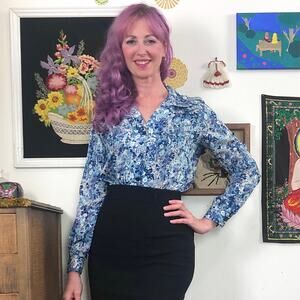Vintage Blue Floral Blouse, 1970s Swishy Flower Print Top, Size L